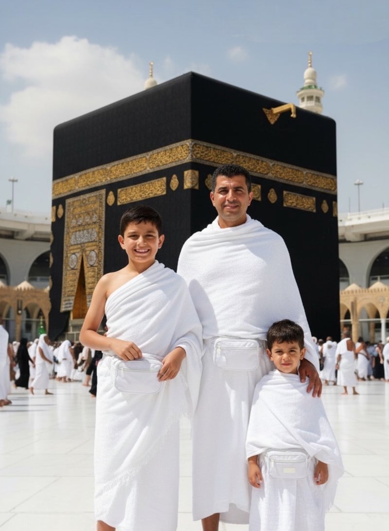 احرام اطفال احرامات اطفال ولادي فاخر وناعم للحج والعمرة مع هدية شنطة خصر وسط بيضاء للجوال والمحفظة قابلة للتعديل طقم إحرام كامل تنورة للاولاد وزرة احرام متوسط الكثافة ليس احرام ثقيل مزعج و ليس احرام خفيف احرامات ولادي - Image 5